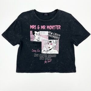 Bershka Mrs and Mr Monster Comic Graphic Cropped Crew Neck Tee